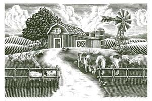 Landscape of animal farm hand draw vintage engraving style black and white clip art isolated on white background vector