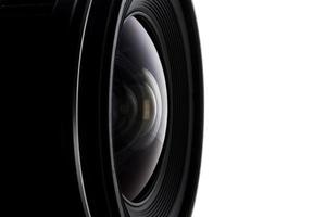 Close up of camera lens with a white background. photo