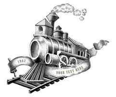 el viejo diseño del logotipo del tren dibujar a mano estilo de grabado vintage clipart en blanco y negro aislado sobre fondo blanco vector