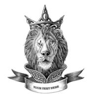 el logotipo del rey león con banner dibujar a mano ilustración de grabado vintage imágenes prediseñadas en blanco y negro aisladas sobre fondo blanco vector