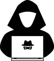 icono de hacker sobre fondo blanco. estilo plano icono de espionaje anónimo para el diseño de su sitio web, logotipo, aplicación, ui. agente espía buscando en la computadora portátil. signo de delito cibernético. vector