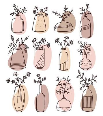 Set of abstract floral doodles with color organic shapes. Minimalist vases with flowers isolated on white background. Vector hand-drawn illustration. Perfect for cards, decorations, logo, posters.