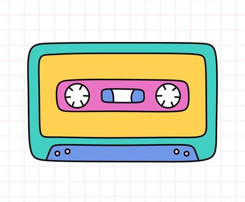 Cute retro cassette tape of the 90s in doodle style. Old school compact audio cassette in bright colors. Vintage  analogue mixtape. Vector hand-drawn illustration isolated on checkered background.