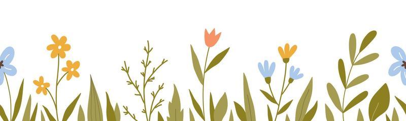 Seamless horizontal border with cute flowers and leaves. Botanical background. Perfect for decorations, greeting cards, banner designs. Vector illustration in hand-drawn flat style.
