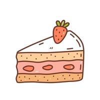 Piece of strawberry cake isolated on white background. Cute dessert decorated with berries. Vector hand-drawn illustration in doodle style. Perfect for holiday designs, cards, decorations, logo, menu.