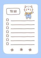 To do list template decorated by kawaii cat. Cute design of schedule, daily planner or checklist. Vector hand-drawn illustration. Perfect for planning, notes and self-organization.