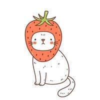 lindo gato en un traje de fresa aislado sobre fondo blanco. ilustración vectorial dibujada a mano en estilo kawaii. perfecto para tarjetas, estampados, camisetas, afiches, pegatinas, decoraciones, logo. personaje animado
