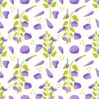 Seamless pattern with flowers. Wrapping paper pattern. Purple petals and green leaves. vector