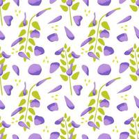 Seamless pattern with flowers. Wrapping paper pattern. Purple petals and green leaves. vector