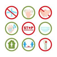 Stop Coronavirus icon set in flat style isolated on white background. Coronavirus epidemic protective equipment. Prevention concept. Vector illustration.