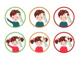 Set of icons with healthy and sick girls and boys with contactless infrared thermometer isolated on white background. Illustration in cartoon style.Flu epidemic concept.Vector illustration. vector