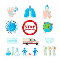 Coronavirus icon set in flat style isolated on white background. Coronavirus epidemic protective equipment. Prevention concept. Vector illustration.