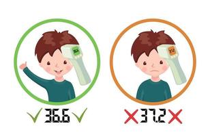 Icons with healthy boy and sick boy with contactless infrared thermometer wich shows temperature isolated on white background. Illustration in cartoon style. Flu epidemic concept. Vector illustration.