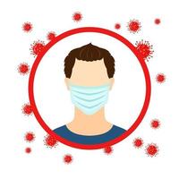 Man icon in medical mask with Coronavirus Bacteria in flat style isolated on white background. Stop pandemic covid-19 concept. Vector illustration.