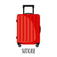 Travel suitcase with wheels in flat style isolated on white background. Red luggage icon for trip, tourism, voyage or summer vacation. vector