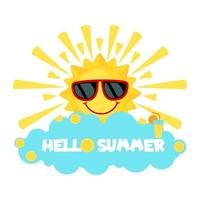 Funny Sun with sunglasses and cloud isolated on white background. Smiling cartoon sun. Icon in flat style. Hello summer. Vector illustration.