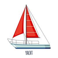 Sailing yacht icon with red sail in flat style isolated on white background. Vector illustration.