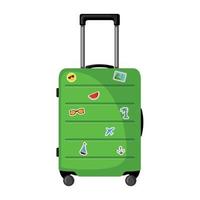Travel suitcase with wheels and stickers in flat style isolated on white background. Green luggage icon for trip, tourism, voyage or summer vacation. vector