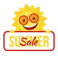 Funny Sun icon in flat style isolated on white background. Summer sale poster or banner. Smiling cartoon sun. Vector illustration.