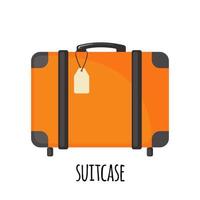 Travel suitcase with wheels in flat style isolated on white background. Orange luggage icon for trip, tourism, voyage or summer vacation. vector