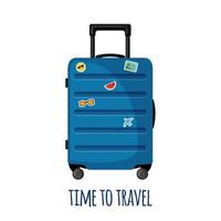 Travel suitcase with wheels and stickers in flat style isolated on white background. Blue luggage icon for trip, tourism, voyage or summer vacation. vector