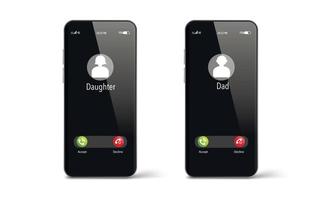 Incoming call screen on smartphone, daughter, dad. Interface, Accept, Reject buttons. Incoming call. Smartphone call screen template. copy space. Vector illustration