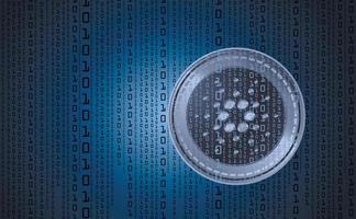 Cardano digital cryptocurrency, sign binary code number. Background binary code. Big data mining technology. Blue glowing abstract vector illustration of online electronic payments.