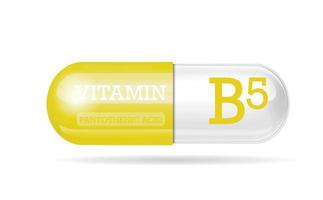 Vitamin B5 capsule, yellow-white structure. 3D Vitamin complex with chemical formula. Personal care, beauty concept. copy space. Vector illustration