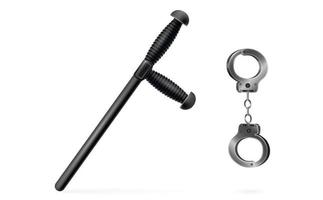 Police bat, handcuffs. Ammunition for police officers, safety rubber baton, isolated clipart. Black club with a handle. Security weapon. Protective military equipment, law enforcement tool. vector