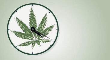 Marijuana leaf, medical cannabis on a classic watch dial with hands showing the time of 4 hours 20 minutes. Cannabis Online. Copy space,. Vector illustration