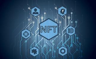 NFT banner with cryptographic art with printed tracks. A non-fungible NFT token on a blue background. Crypto business background. The seme of virtual interaction. vector