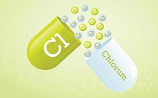 Mineral and vitamin chlorine supplement for health. Capsule with Cl element icon, healthy food symbol. Medical minerals on the background of a grid of hexagons in green. Vector illustration