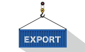 Port crane lifts a blue cargo container with the word Export. Logistics concept. White background. Vector illustration