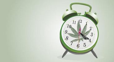 Marijuana leaf, medical cannabis on a classic alarm clock dial with hands showing the time of 4 hours 20 minutes. Cannabis online. Classic background. Copy space. Vector illustration