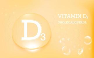 Vitamin D3, Cholecalciferol, water drops on an orange medical background. Skin care and children up to two years. Vector illustration