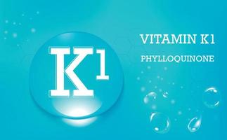 Vitamin K1, phylloquinone. Drops of water on a blue gradient background. Food supplement and healthy lifestyle. . Vector illustration