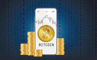 Cryptocurrency coins bitcoin in smartphone display app with text and growth and fall indicators on binary code background. Vector illustration