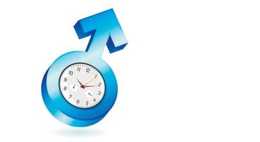 A blue male gender symbol with a clock and arrows symbolizing male health. Copy space. Vector illustration