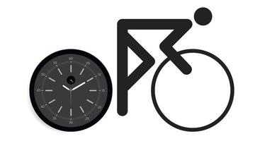 concepto de inicio. ciclista en una bicicleta con una rueda en un reloj con esfera y manecillas. copie el espacio ilustración vectorial vector