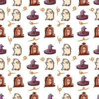 cute seamless pattern background halloween with skull, tombstone, pot vector