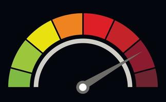 Manometer or measuring indicator. Speedometer icon with red, yellow, green scale and arrow. Performance progress graph. Indicator of risk and tension. Black background.