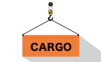 Port crane lifts an orange cargo container with the word Cargo. Logistics concept. White background. Vector illustration