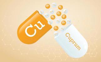 Cuprum is a micronutrient. Capsule with Cu element icon. Healing minerals. Medical background honeycomb grid of copper color hexagons. Poster. Vector illustration