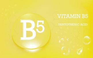 Vitamin B5 pantothenic acid. Drops of water on a yellow background. Food supplement and healthy lifestyle. Poster. Vector illustration