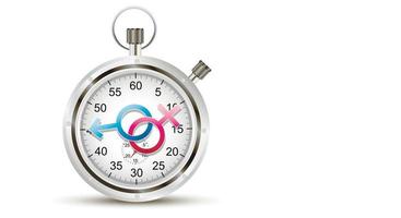 Stopwatch showing the time of the first sex. Male and female icon, symbolizing the beginning on the dial. last countdown. Vector illustration