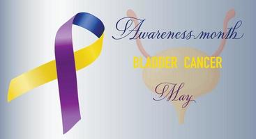 Bladder Cancer Awareness Month is celebrated each year in May. Blue and yellow ribbon and bladder icon on gradient blue background. Poster. Vector illustration