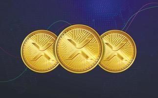 XRP token symbol. Set of Gold Realistic Cryptocurrency Coins on a blue crypto business background with a rise and fall graph. digital currency. digital coins. Forex. Poster. vector