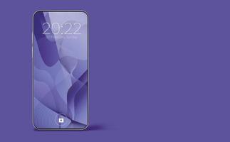 el teléfono inteligente realista se coloca verticalmente, con un patrón en la pantalla que muestra el tiempo de 20 horas y 22 minutos sobre un fondo púrpura moderno al estilo de muy peri. copie el espacio vector