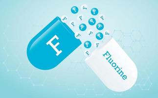 Fluorine, trace element. Capsule with F element icon. Healing minerals. Medical background honeycomb grid of hexagons in blue color. Poster. Vector illustration