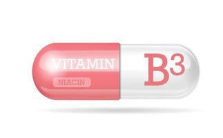 Vitamin B3, tablet, vitamin capsule. Two tone pink and white capsule. copy space. Vector illustration